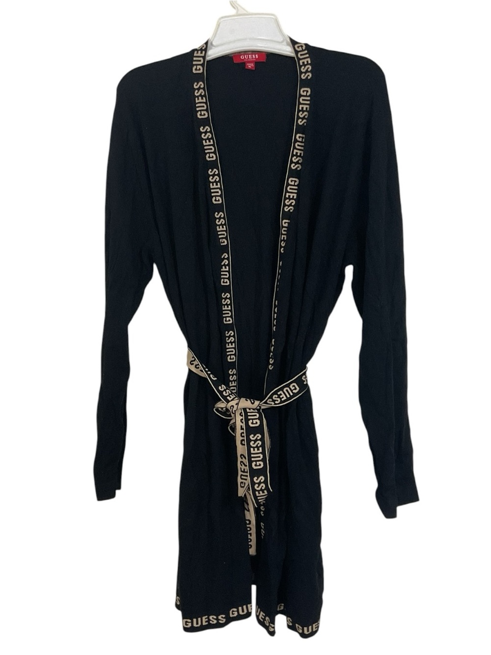GUESS Alex Long Cardigan Women’s XL Jet Black Logo Trim Belted Open Front